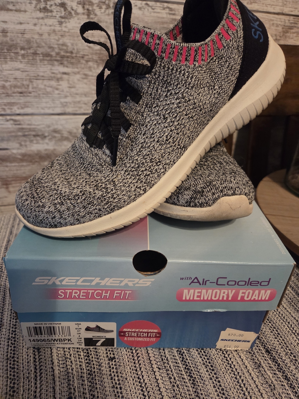 Skechers Knit Lace-Up Sneakers in Gray with Pink Trim